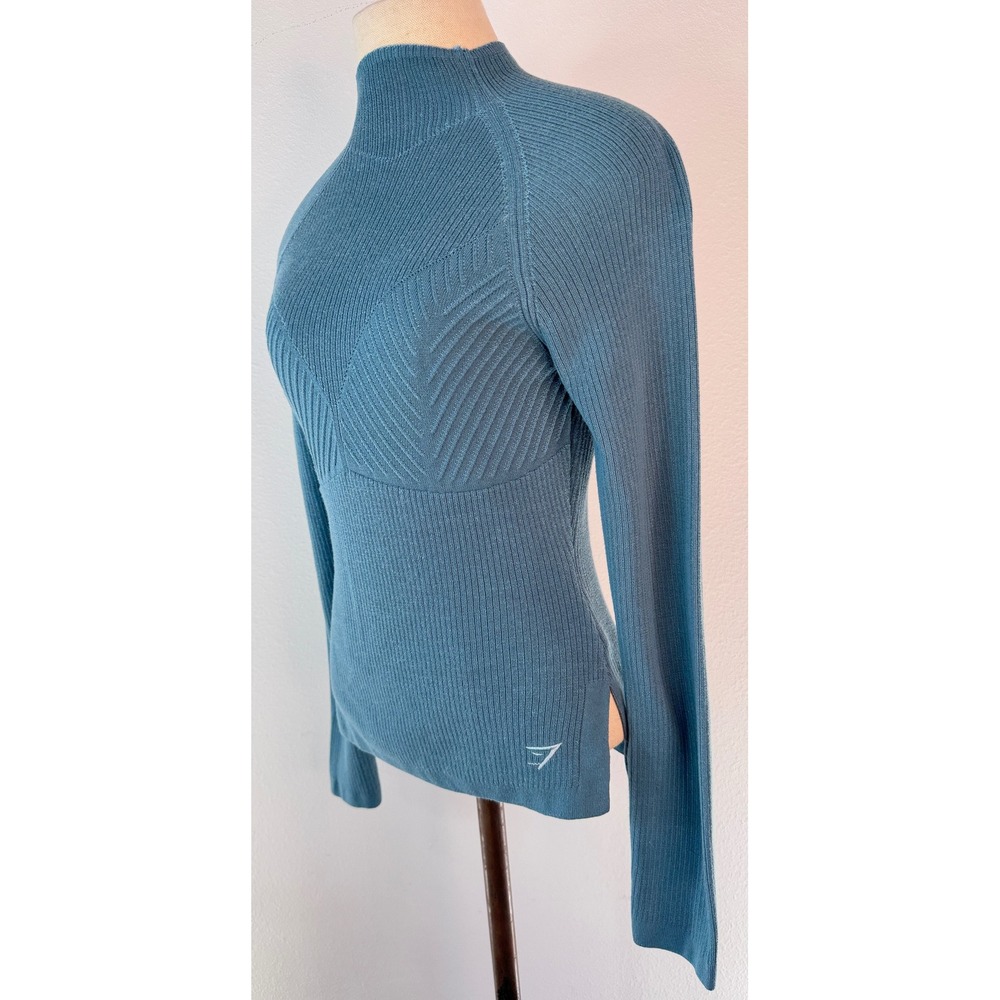 Gymshark Pause Ribbed Knit Top Pilates Athleisure Teal Blue‎ Long Sleeve Workout